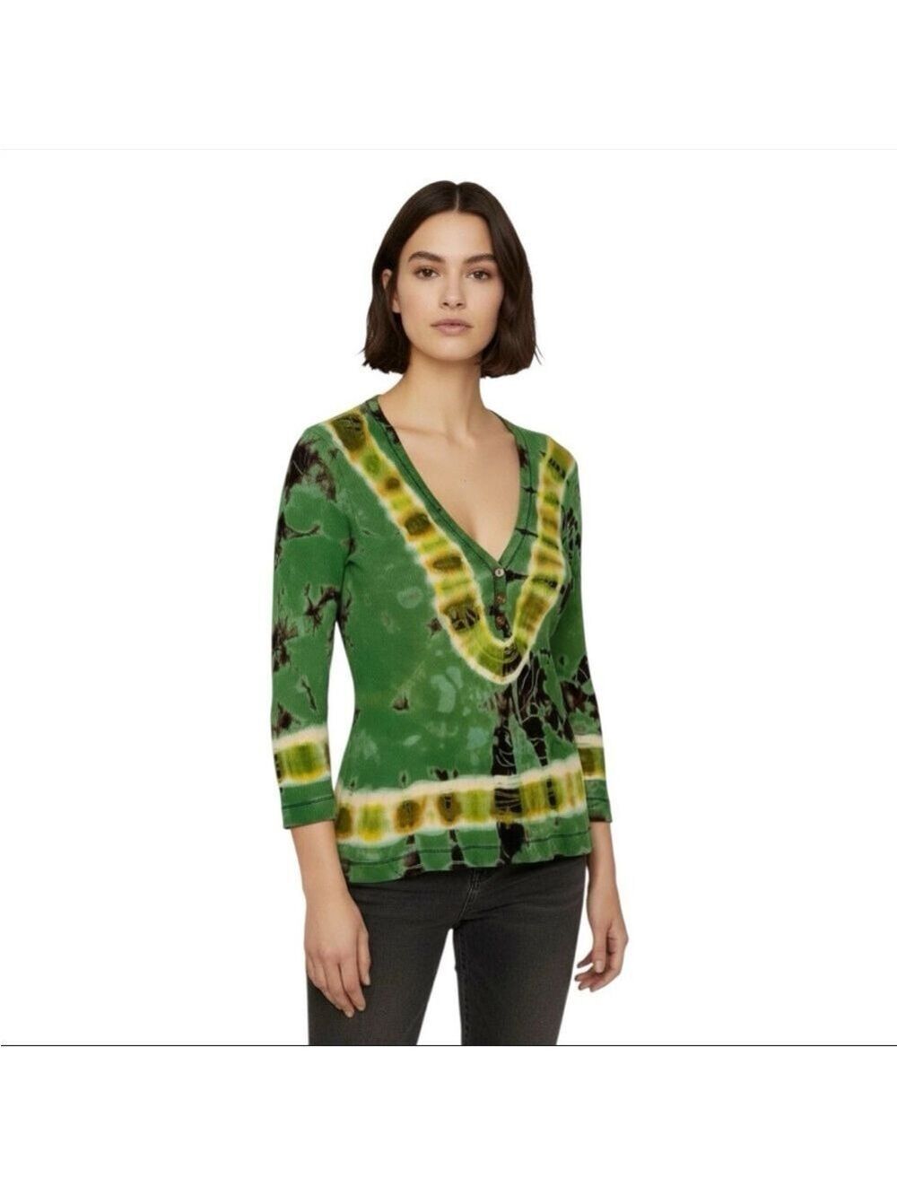 Vintage Y2K Me Ko Green Tie-Dye Ribbed Henley Top Juniors L Womens S-M